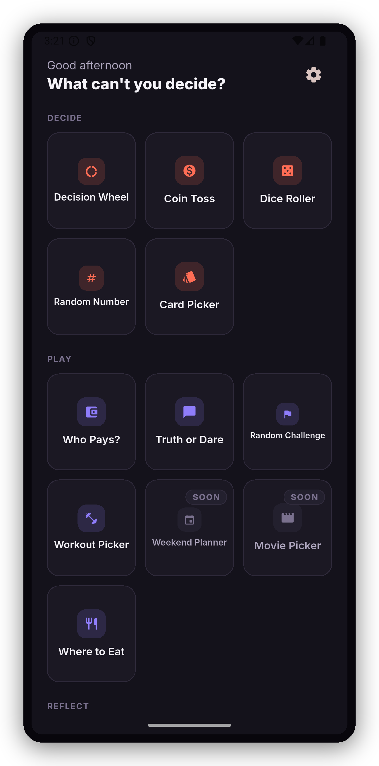 Decidely home screen showing all module categories