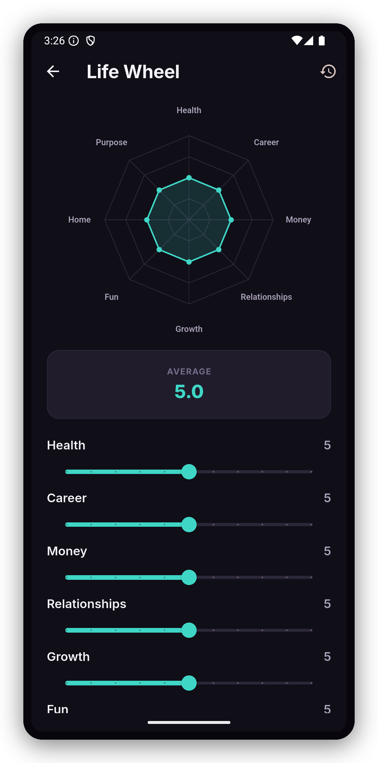 Life Wheel radar chart screen