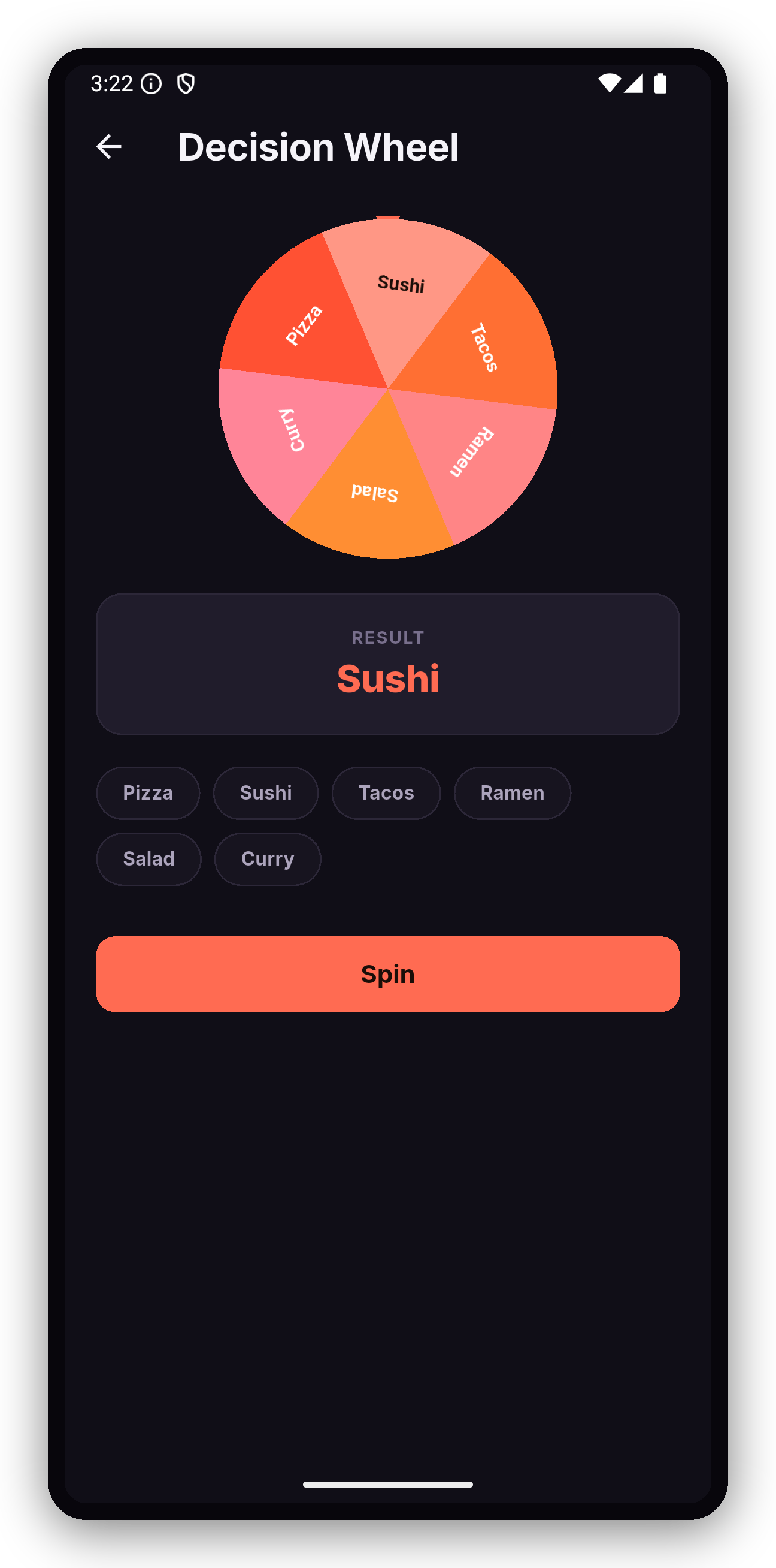 Decision Wheel screen mid-result, showing Sushi